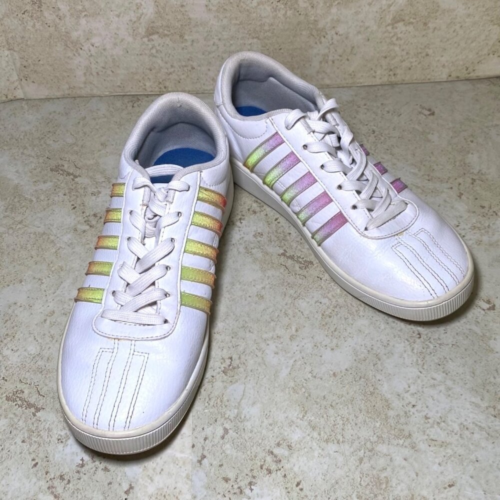 K-Swiss Womens White Leather Sneakers‎ With Rainbow Stripes Size 5.5